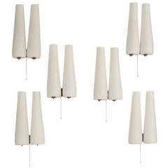 Set Of 6 Double Shaded White Glass Wall Appliques With Ball Chains, 1970s