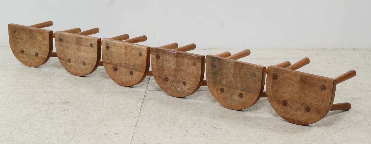 A unique set of six stools by Atelier Marolles, under the direction of and designed by Jean Touret. These items were made around 1955 and are marked by Atelier Marolles.

The seatings of the stools have the amazing carved texture that Touret's