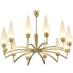 Large Twelve-Arm Brass with Opaline Glass Chandelier, Italy, 1950s