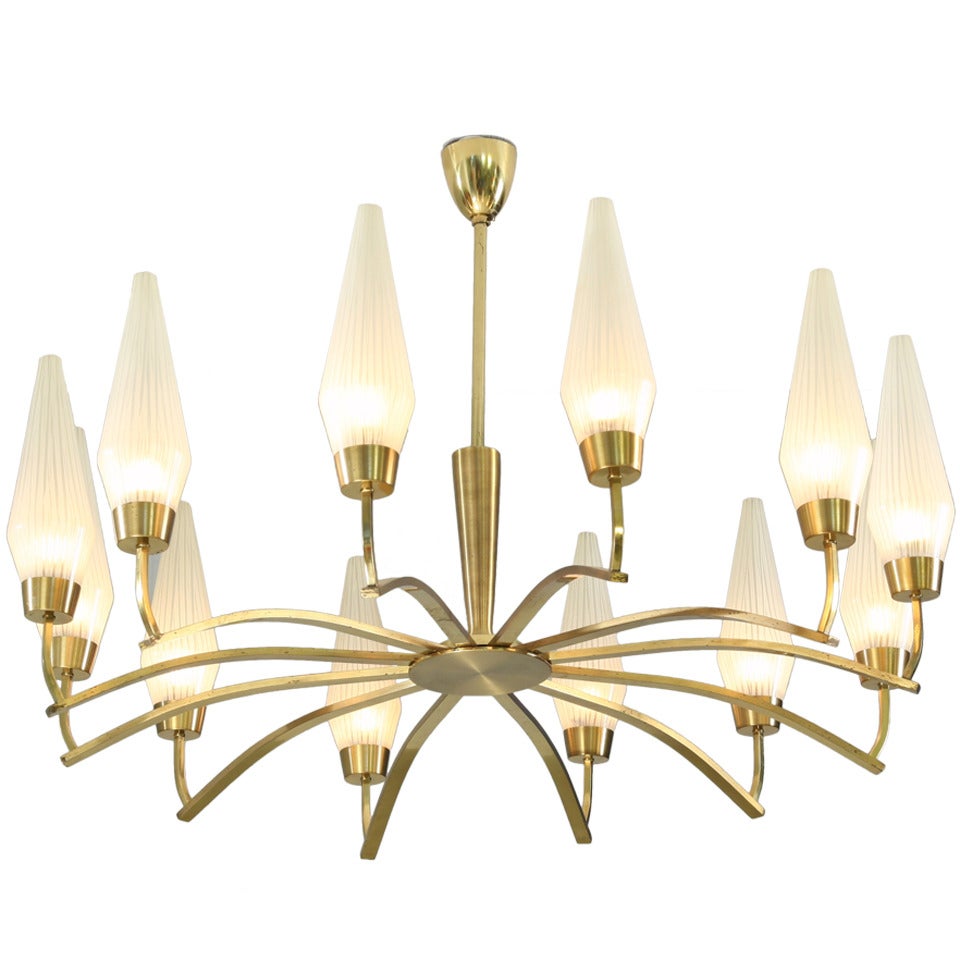 Large Twelve-Arm Brass with Opaline Glass Chandelier, Italy, 1950s For Sale