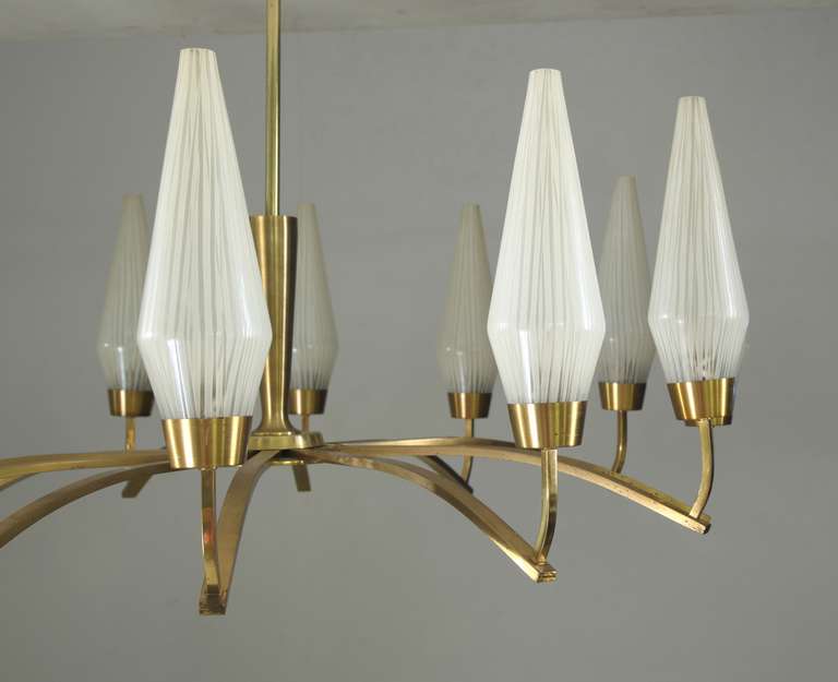Italian Large Twelve-Arm Brass with Opaline Glass Chandelier, Italy, 1950s For Sale