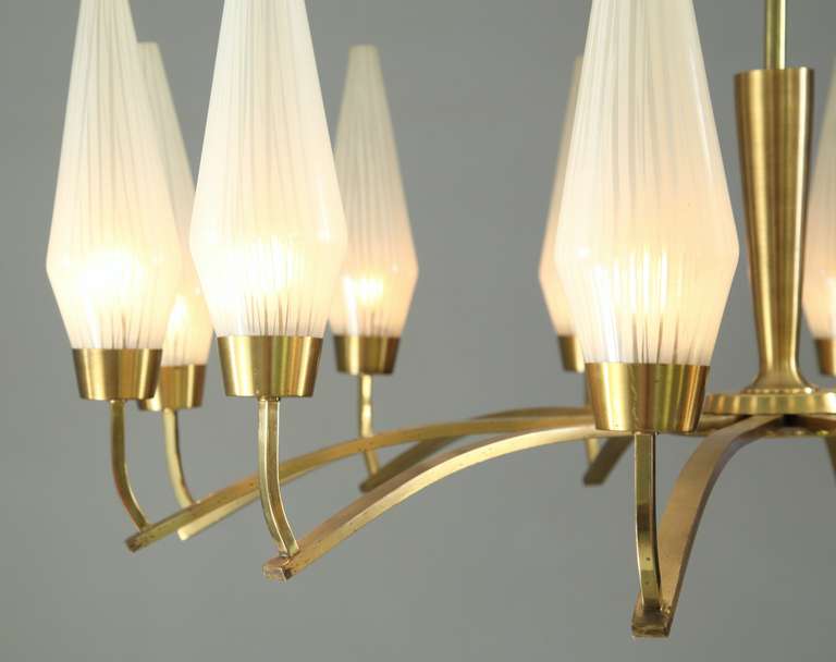 Large Twelve-Arm Brass with Opaline Glass Chandelier, Italy, 1950s For Sale 2