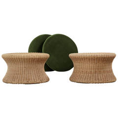 Pair of Eero Aarnio Cane Stools with Green Seat Pads, Finland, 1960s