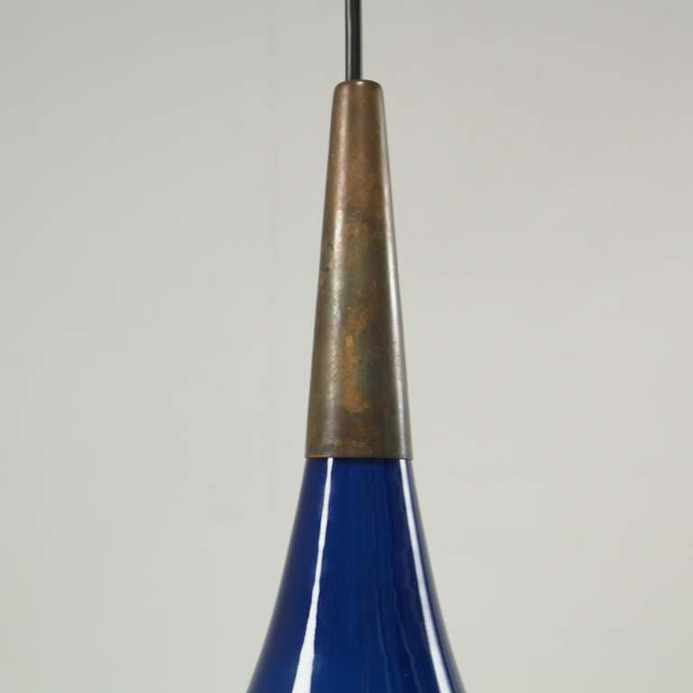 Danish Sapphire  Blue 1950s  Holmegaard Dropshaped Lamp With Rare Brass Top
