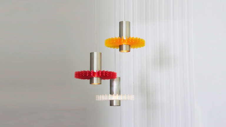 Set of three large version pendant Lamps by Claus Bolby for Cebo in clear, red and yellow. 1 x E27 fitting