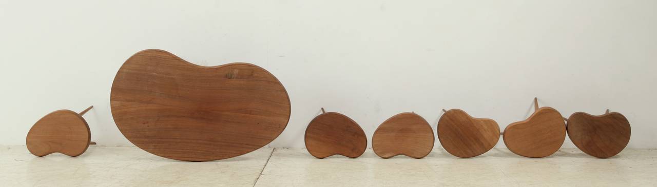 A set of seven kidney shaped wooden sidetable in wenge.
Beautiful set in an excellent condition and great to either cluster or scatter around the place.

Listed dimensions are of the largest table.
Dimensions of the other six are:
Height: 34 cm