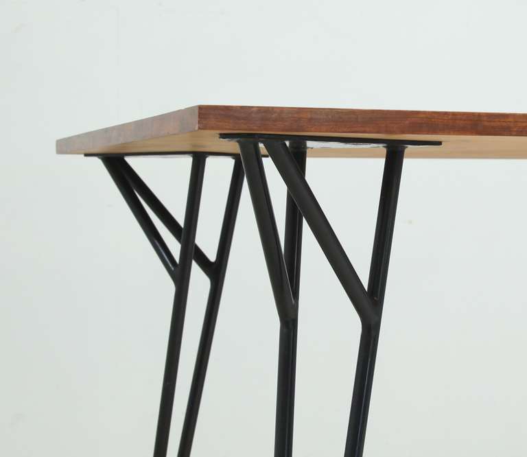 Brass Alfred Hendrickx rare desk or dining table in root wood veneer, Belgium, 1950s For Sale