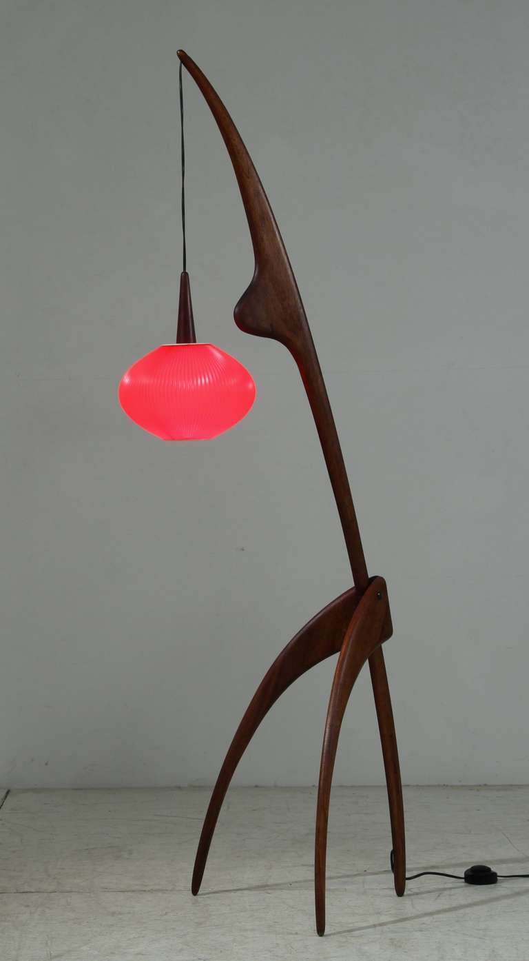 Mid-Century Modern Rispal Mante Religieuse Floor Lamp with Rare Red Shade, France, 1950s For Sale