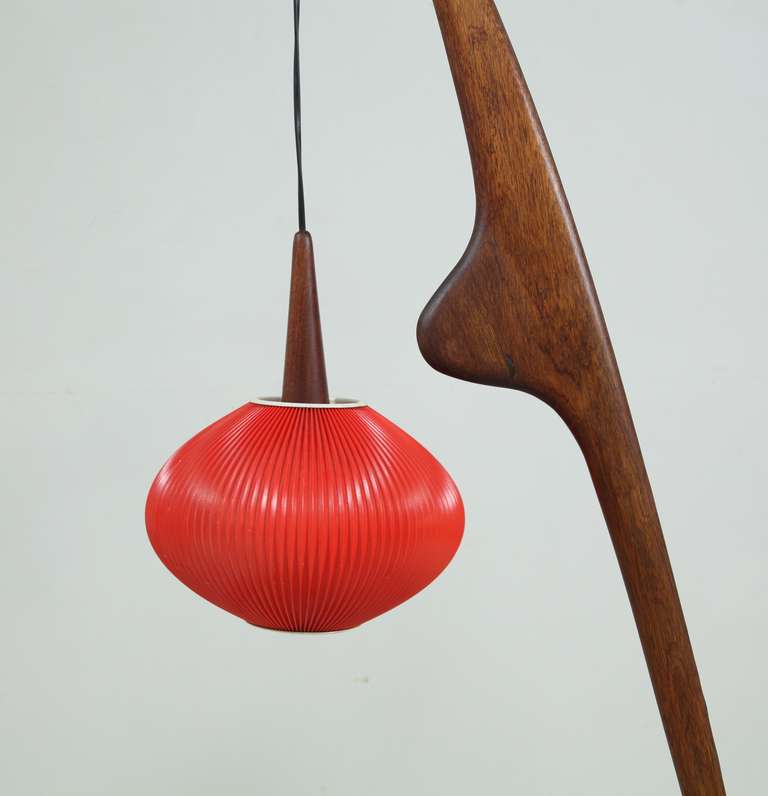 French Rispal Mante Religieuse Floor Lamp with Rare Red Shade, France, 1950s For Sale