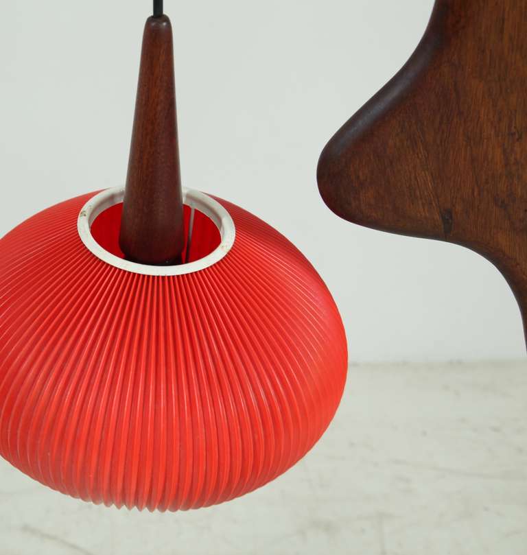 Mahogany Rispal Mante Religieuse Floor Lamp with Rare Red Shade, France, 1950s For Sale