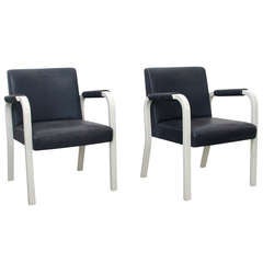 Set of 2 Alvar Aalto Nr. 46 Arm Chairs in blue leather by Artek