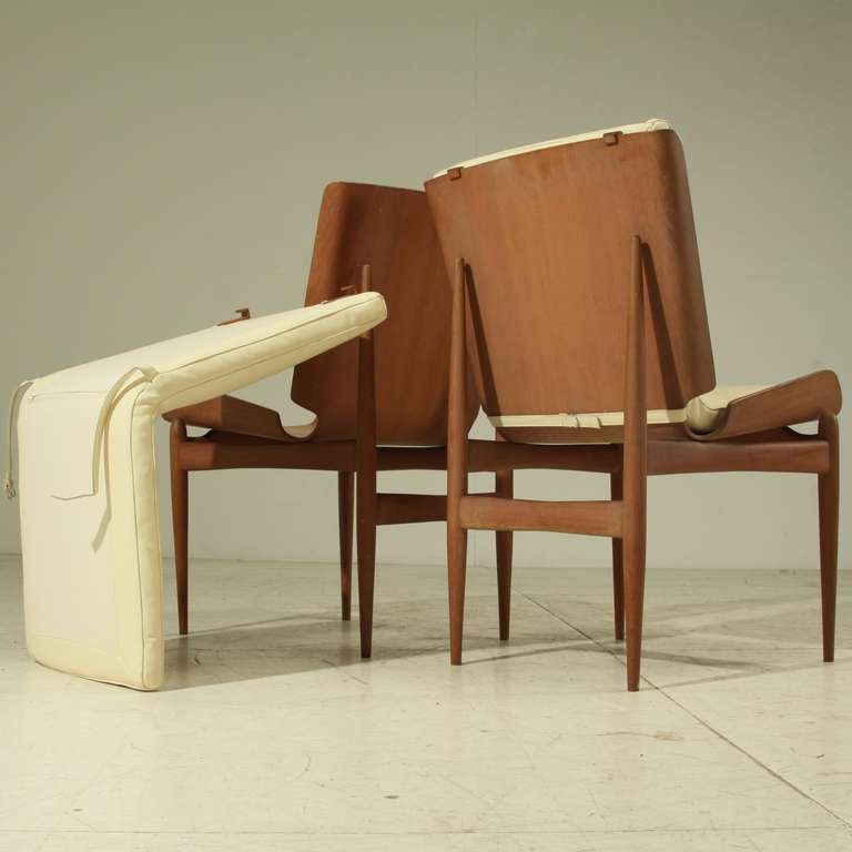Mid-20th Century Pair 1950s Folded Plywood Sidechairs with White Leather Seatpads For Sale