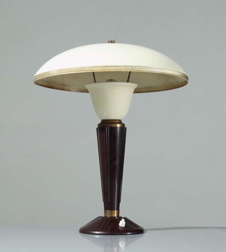 French table lamp with dark chocolate brown bakelite base and cream white shade.
