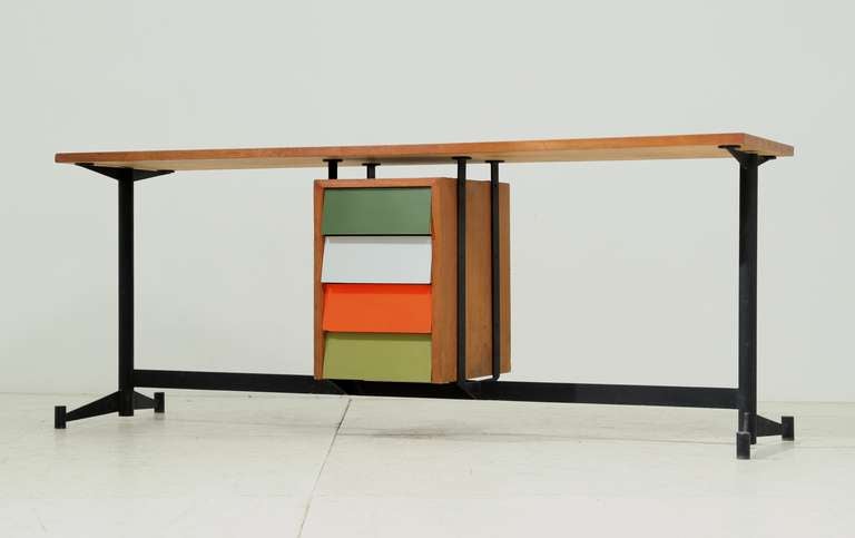 French Console Desk with Colored Drawers, 1950s