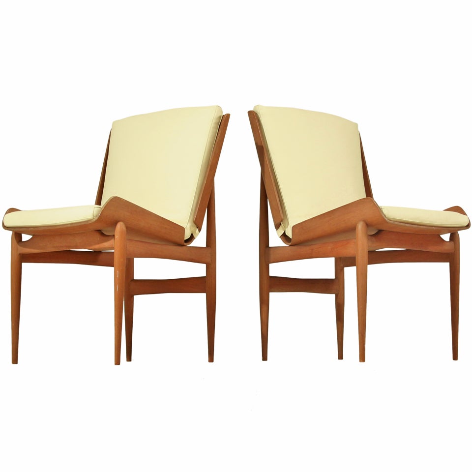 Pair 1950s Folded Plywood Sidechairs with White Leather Seatpads For Sale