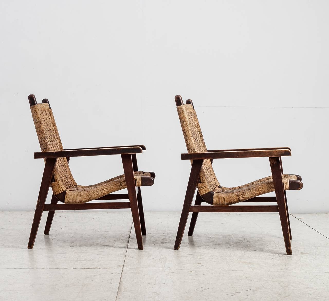Mid-Century Modern Pair Van Beuren attributed armchairs with woven cord seating, Mexico For Sale