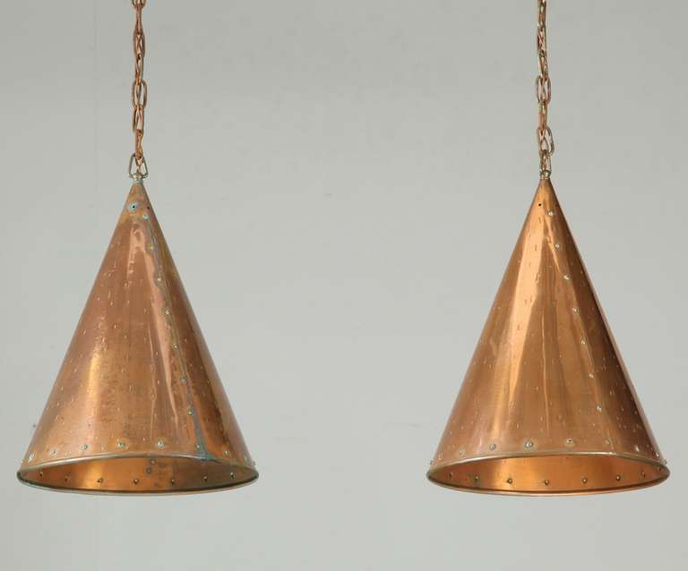 Pair of Scandinavian copper ceiling lamps.
Wonderful aged patina, no specific user marks.