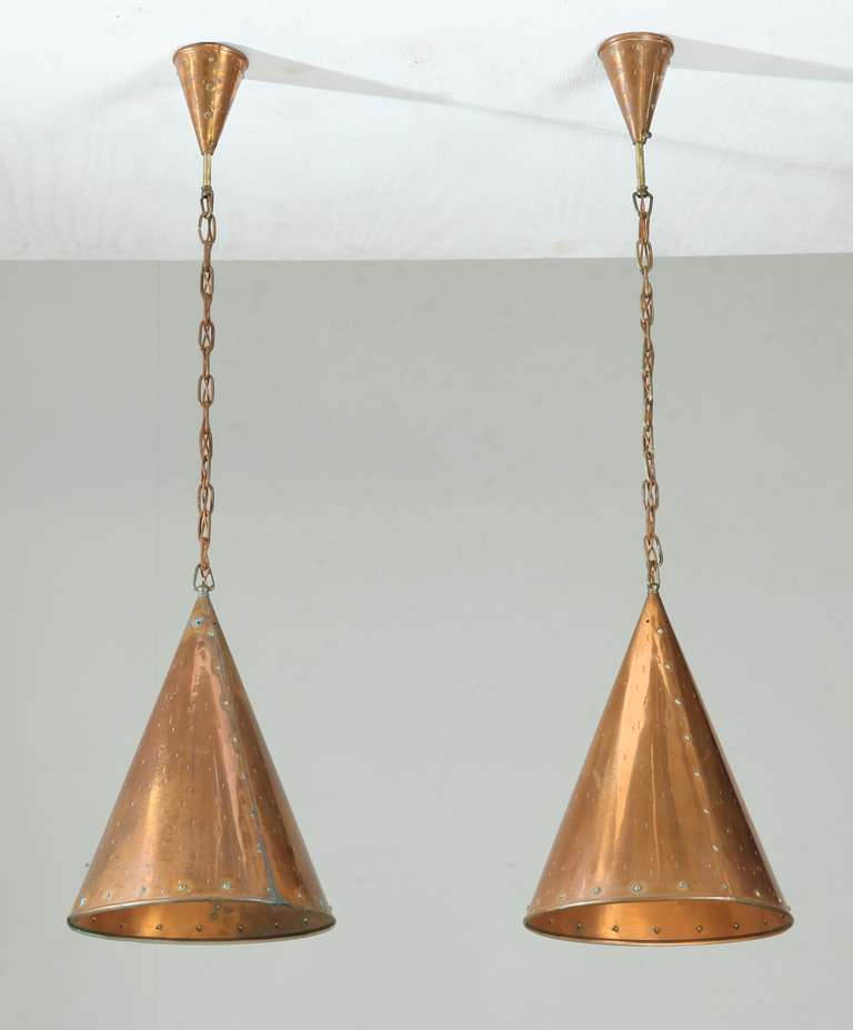 Mid-Century Modern Pair of Hand-Hammered Copper Ceiling Lamps