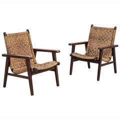 Pair Van Beuren attributed armchairs with woven cord seating, Mexico