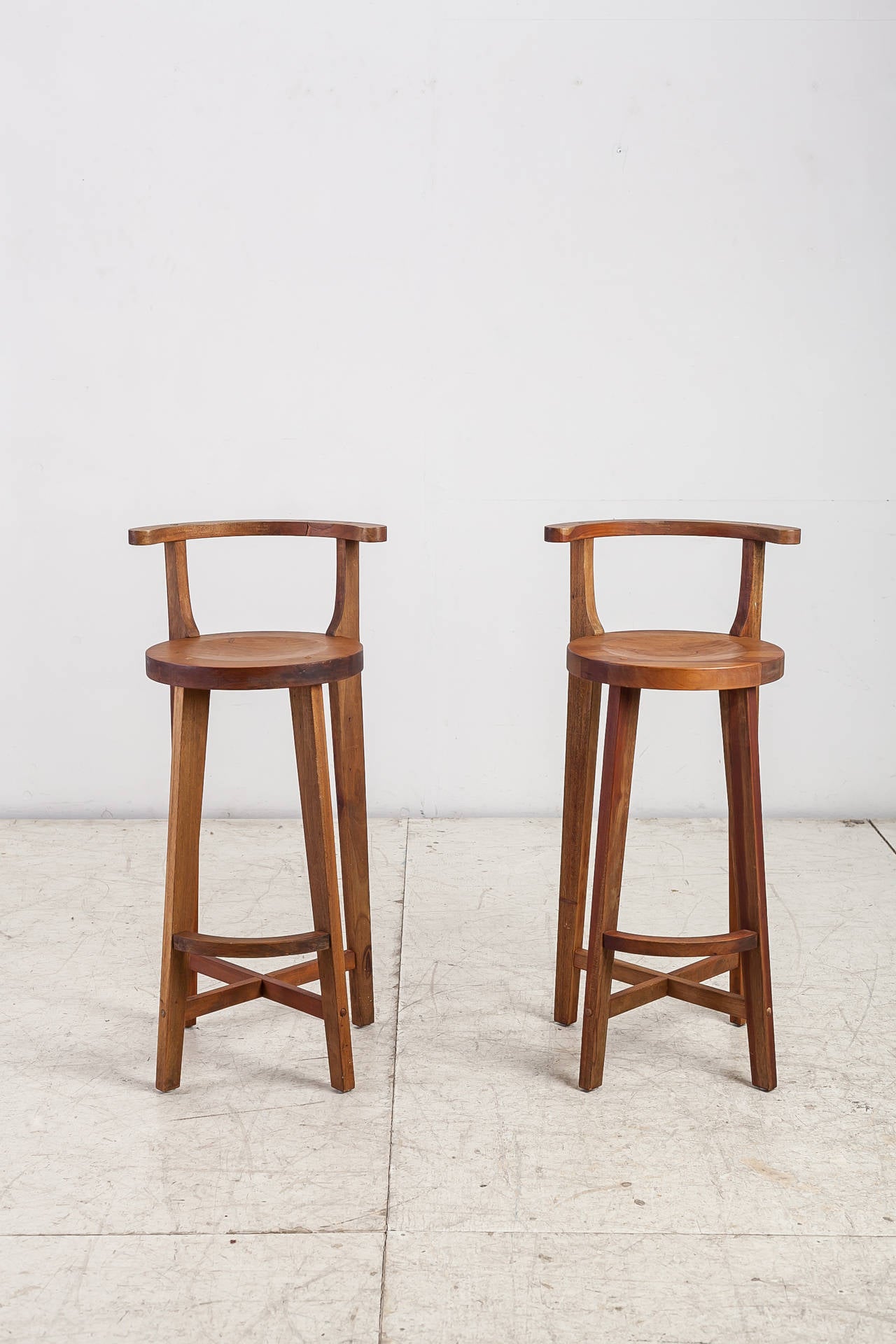 American Craftsman Pair Studio crafted wooden bar stools with rounded back rests For Sale