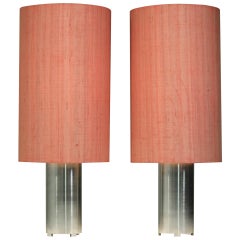 Pair 1960s Brushed Aluminum Table Or Console Lamps With Fabric Shades