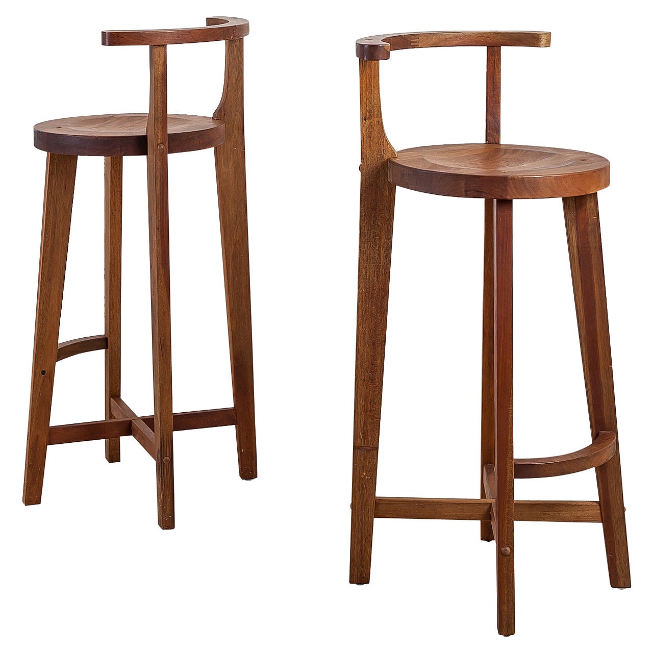 Pair Studio crafted wooden bar stools with rounded back rests For Sale