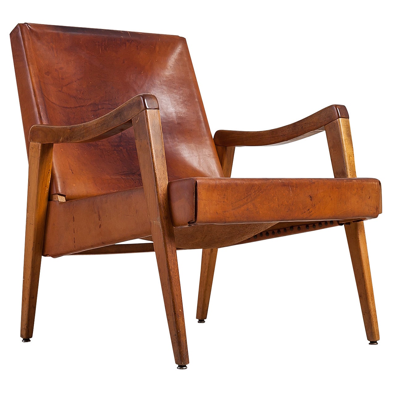Maple Leather Lounge Chair with a Beautiful Patina For Sale