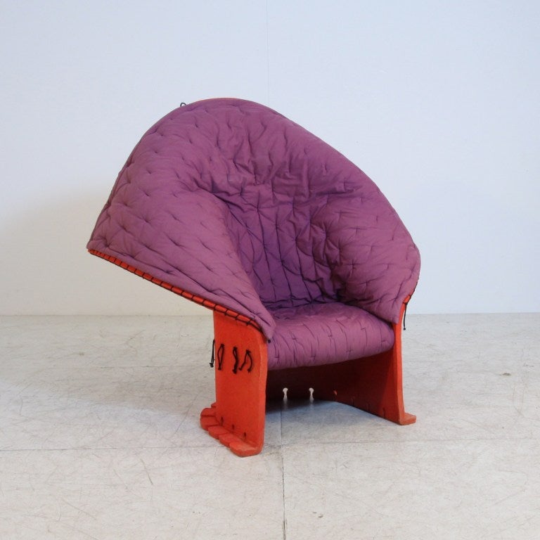 High back Feltri chair by Geatano Pesce for Cassina, early 1980s. The back is made from one piece of felt that stands on for a more majestic, wingchair-like profile; it can also be turned down, like a coat collar, to provide a lower profile and