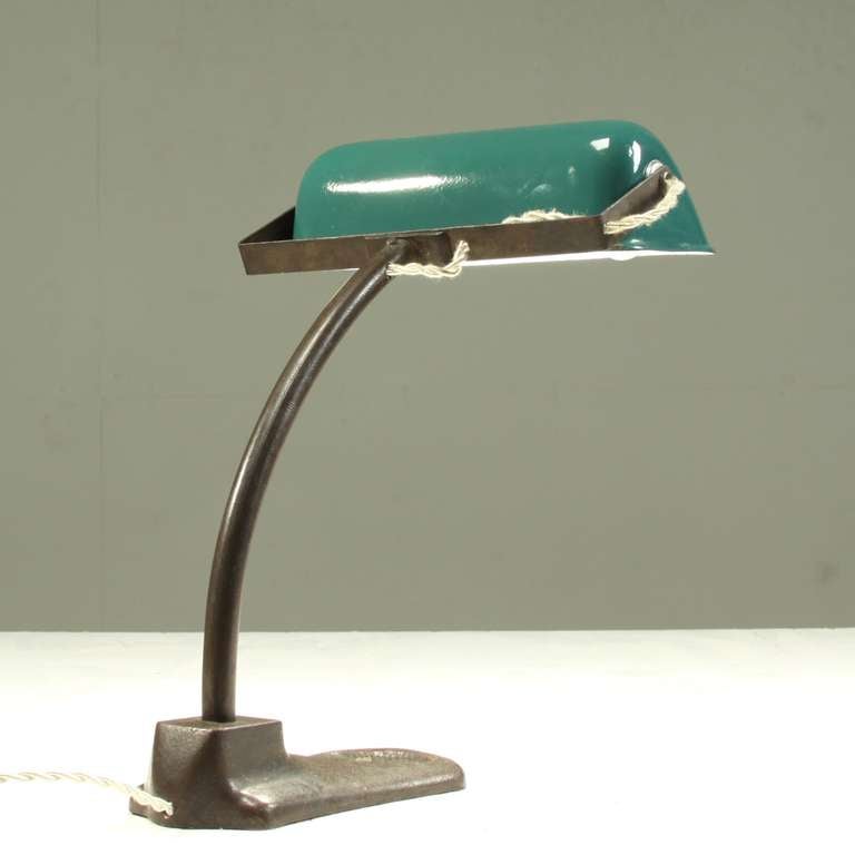 1930s Italian Desk Lamp With Bronze Foot And Green Enameled Shade An Italian Desk Lamp Standing On A Heavy Sculpted Bronze Foot And Excellent Condition