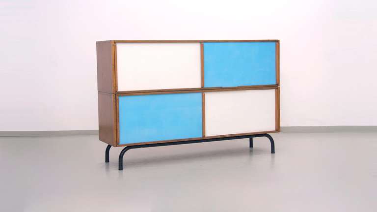 Mid-Century Modern French Sideboard in White and Blue