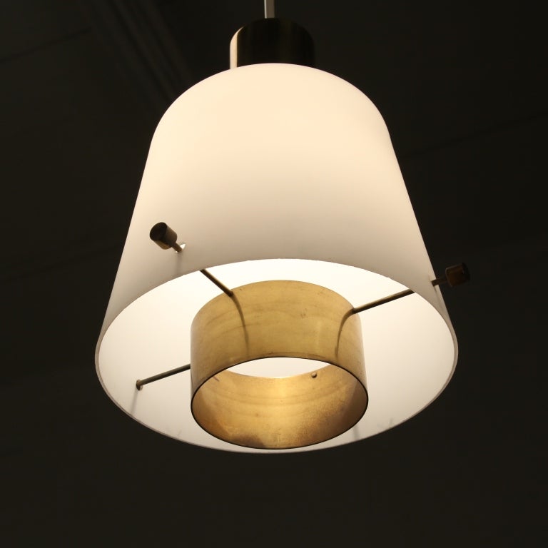 Scandinavian Modern White Glass And Brass Itsu Lamp. Manner of Tynell and Johansson-Pape, Finland For Sale