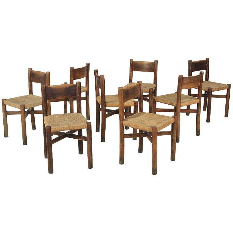 Charlotte Perriand set of 8 oak Courchevel dining chairs, France, 1940s For Sale