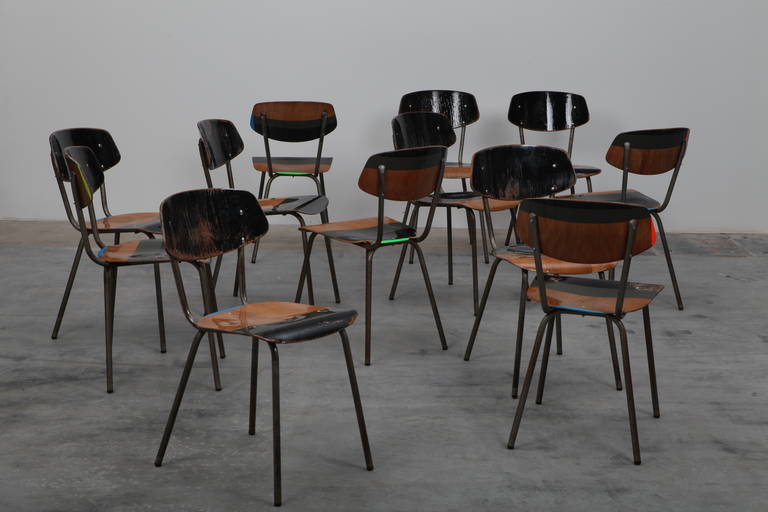 Set of 12  plywood chairs with tubular steel frames spraypainted with neon colours, 12 x lacquered with 2 k varnish in the typical Markus Staab style.