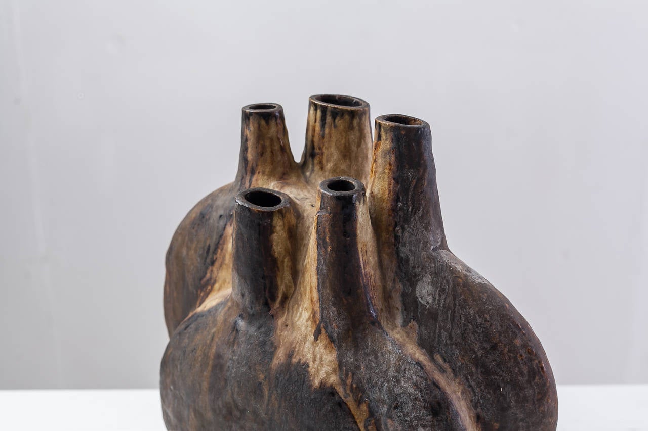 Dark Glazed Ceramic Vase with Five Openings, Germany, 1950s For Sale 2