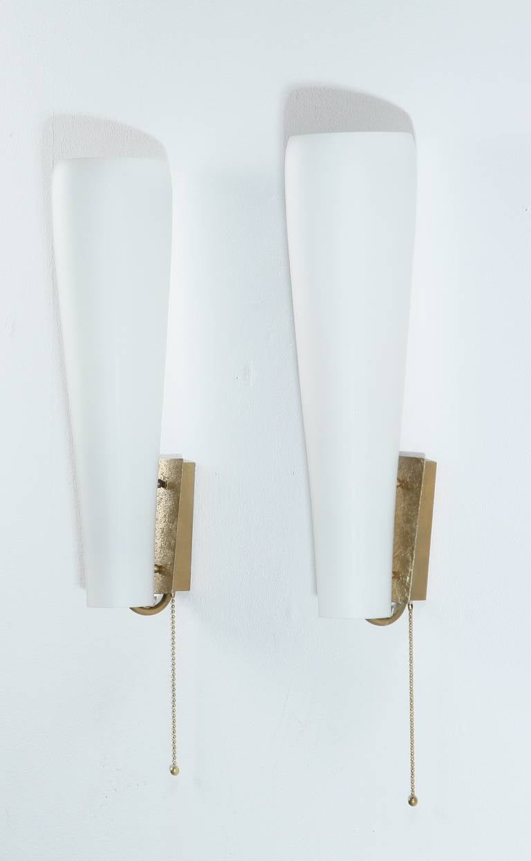 20th Century Pair of Brass and Opaline Glass Wall Lamps, Germany, 1980s