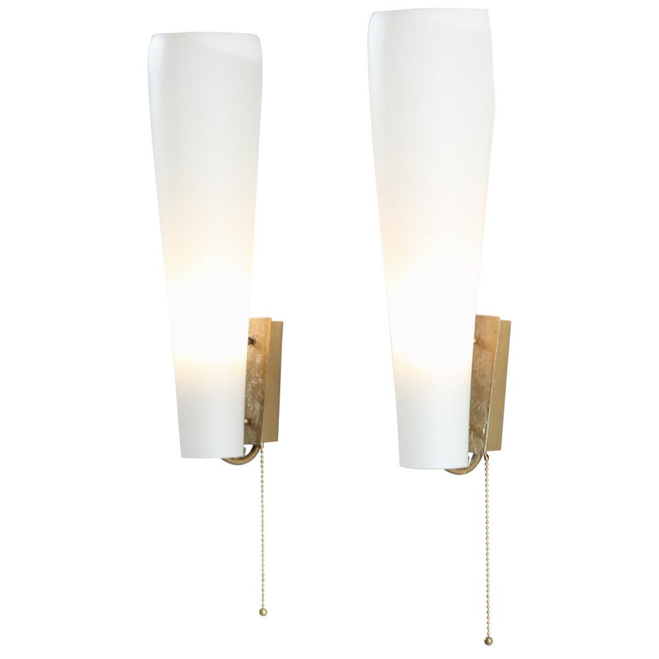 Pair of Brass and Opaline Glass Wall Lamps, Germany, 1980s