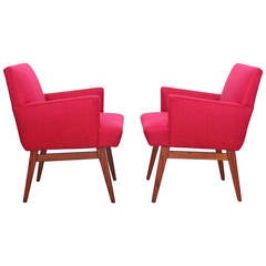 Pair of new upholstered mid century Arm Chairs with oak base, USA, 1950s