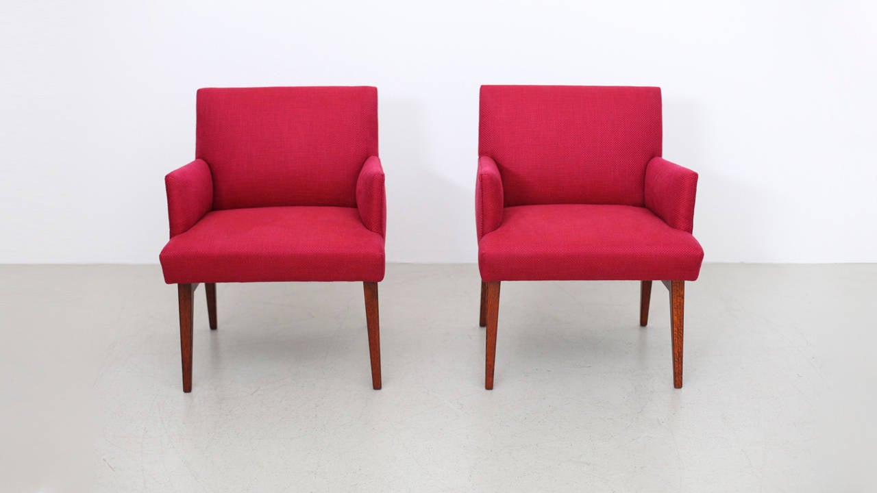 Fabric Pair of new upholstered mid century Arm Chairs with oak base, USA, 1950s For Sale