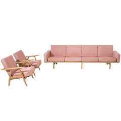Hans Wegner seating group with 4 seater slatback sofas and a pair lounge chairs