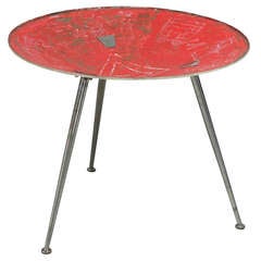 Unique Italian 1950s Metal  Bowl Shaped Side Tabe With Sgrafitto Drawings