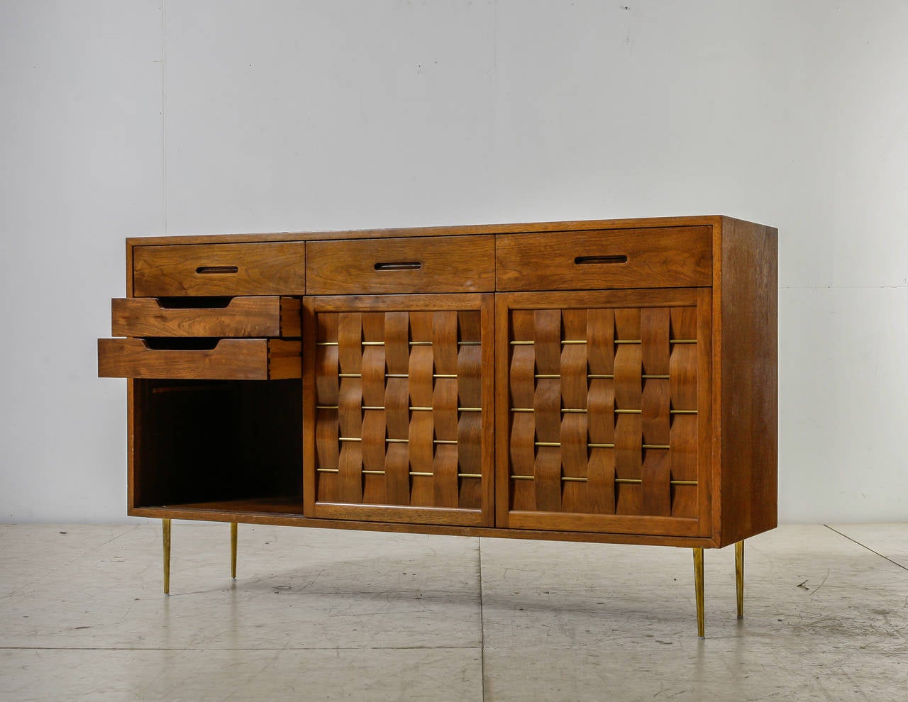 American Edward Wormley Woven Credenza with Brass Legs and Details for Dunbar, 1950s For Sale