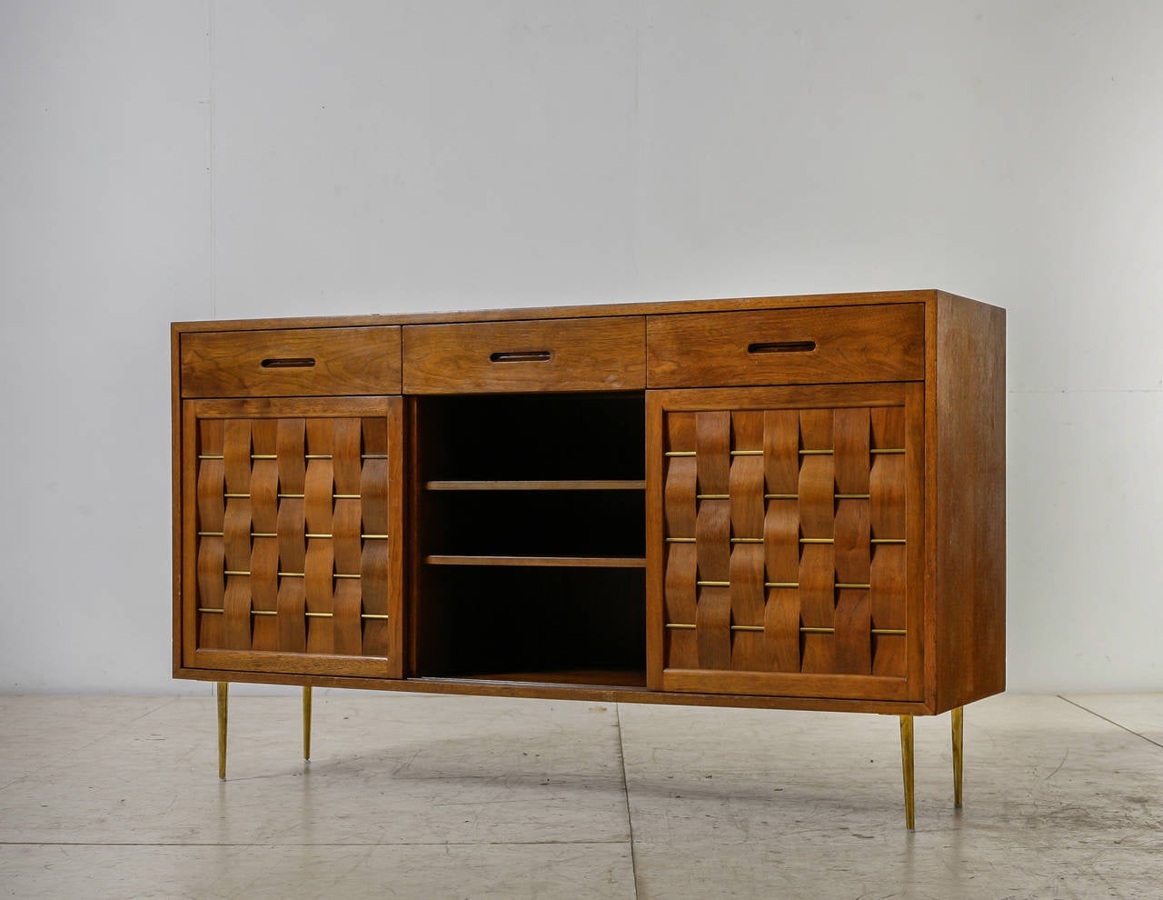 Mid-Century Modern Edward Wormley Woven Credenza with Brass Legs and Details for Dunbar, 1950s For Sale