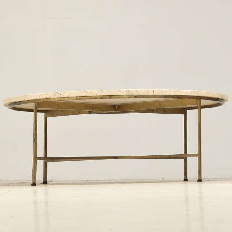 Round Paul McCobb Coffee Table with brass legs and travertine top