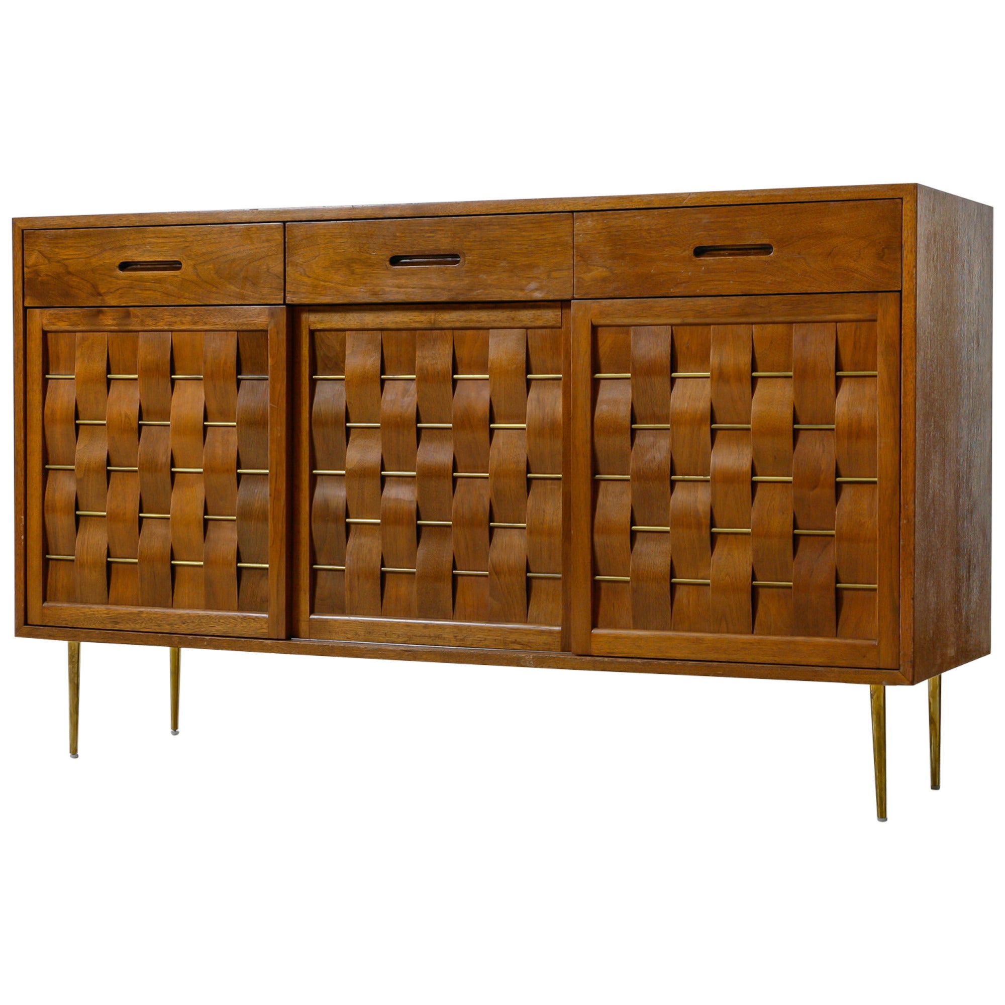 Edward Wormley Woven Credenza with Brass Legs and Details for Dunbar, 1950s For Sale