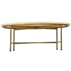 Round Paul McCobb Coffee Table with brass legs and travertine top