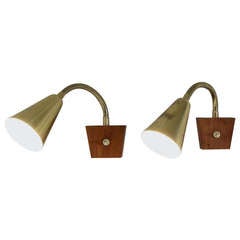 Pair of brass sconces with goosenecks in the manner of Hans-Agne Jakobsson