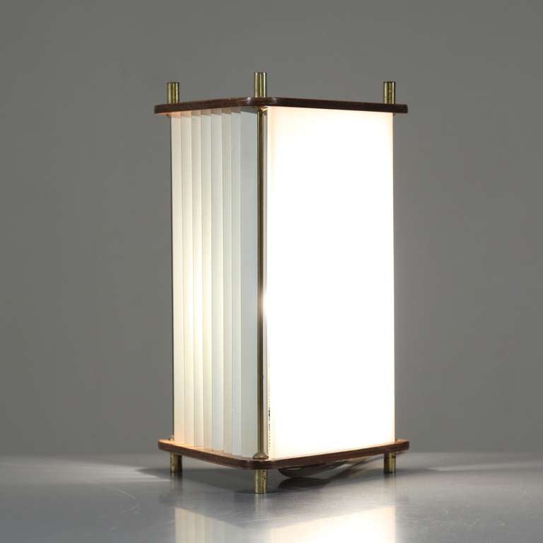 Brass Ib Fabiansen attributed triangle teak and plexiglass table or bed lamp, 1960s For Sale