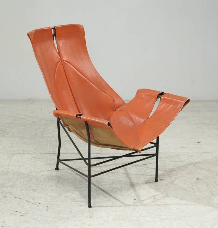 Leathercrafter Sling Chair in Brown Leather on Tri Leg Base For Sale at