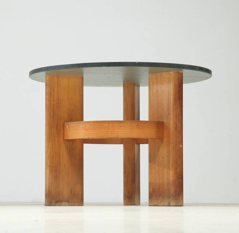 Round Studio Side Table With Solid Old Oak Legs And Original Glass Round Studio Side Table With Solid Old Oak Legs And Original Glass Top 3