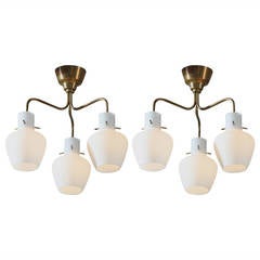 Pair of Brass and White Glass Chandeliers or Flush Mounts with Three Shades Each